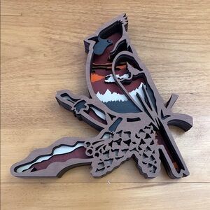 Rustic Wood Cardinal Bird Home Decor Statue Layered Wood Art EUC